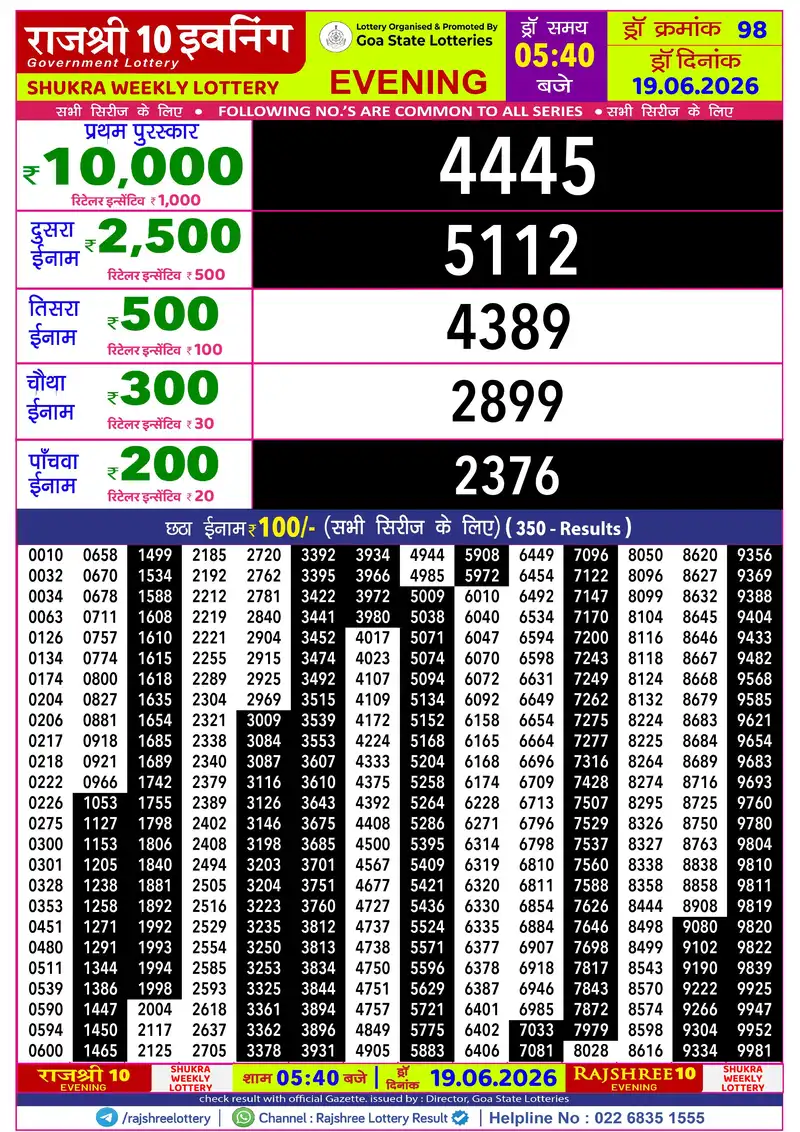 RAJSHREE 10 EVENING SHUKRA WEEKLY LOTTERY Result 19 June 2026