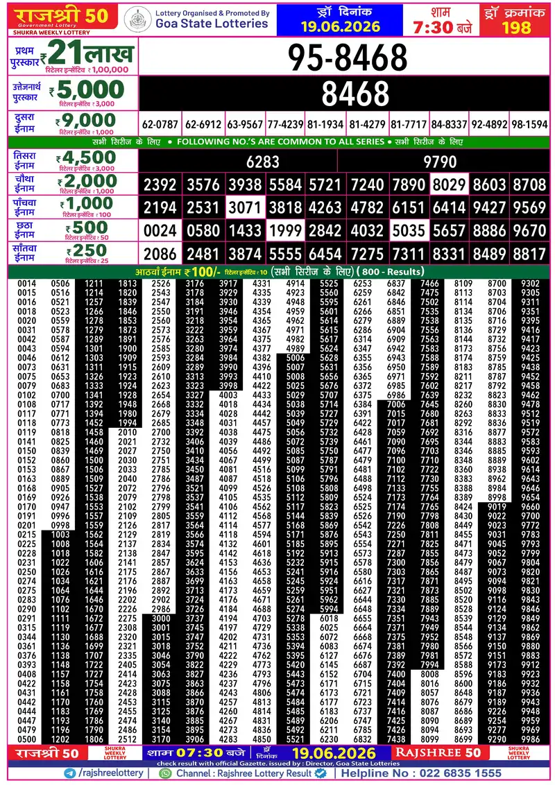 RAJSHREE 50 SHUKRA WEEKLY LOTTERY Result 19 June 2026