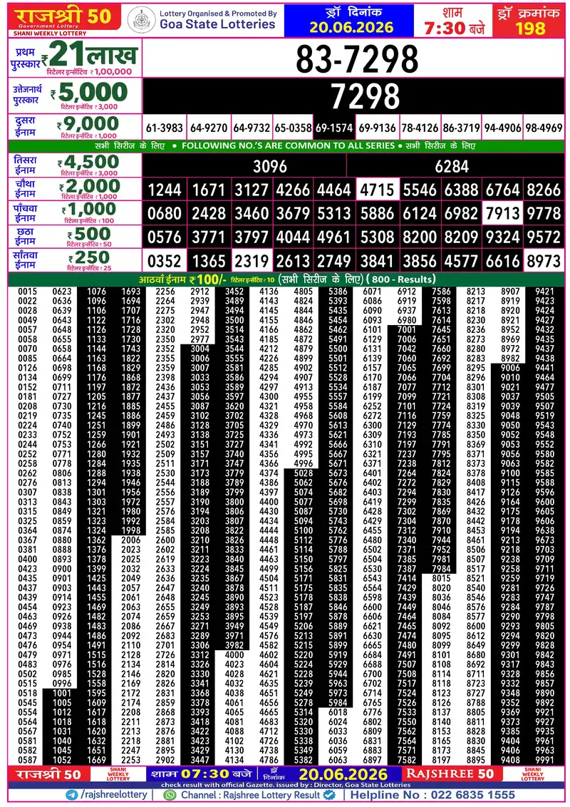RAJSHREE 50 SHANI WEEKLY LOTTERY Result 20 June 2026