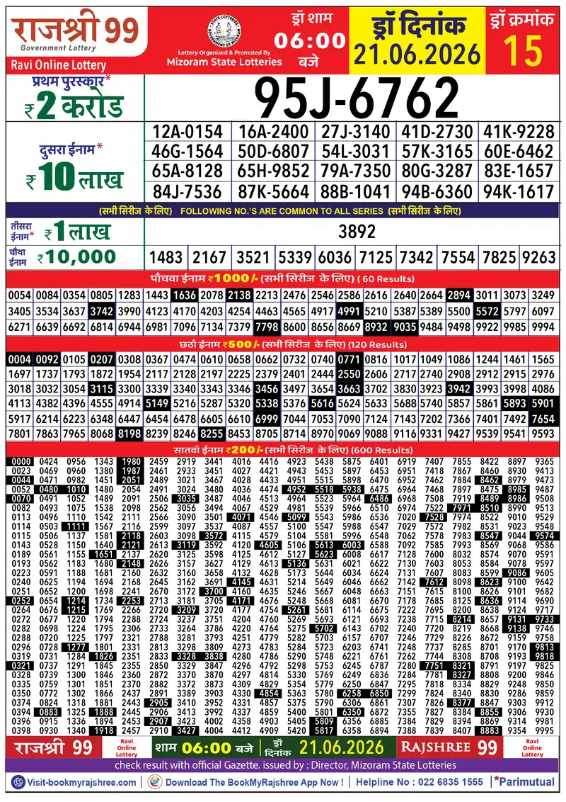 Rajshree 99 Result 21 June 2026