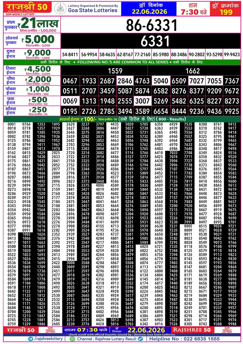 RAJSHREE 50 SOM WEEKLY LOTTERY Result 22 June 2026