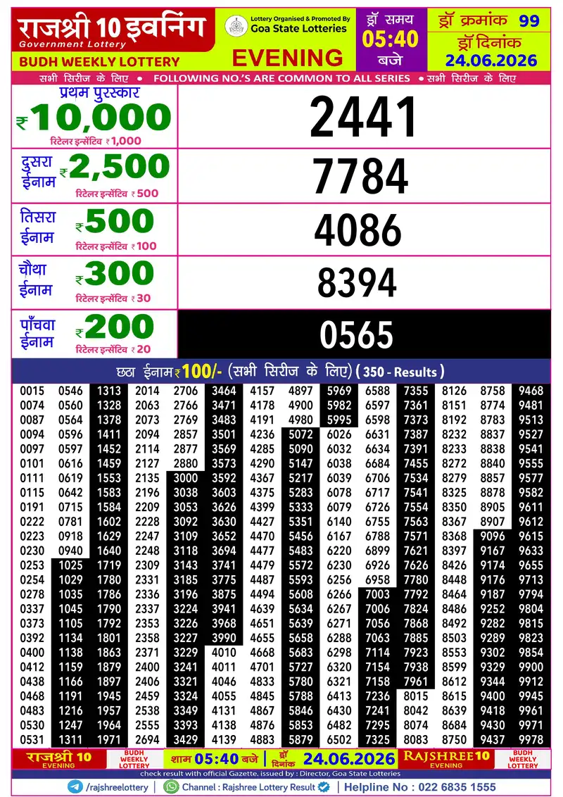 RAJSHREE 10 EVENING BUDH WEEKLY LOTTERY Result 24 June 2026