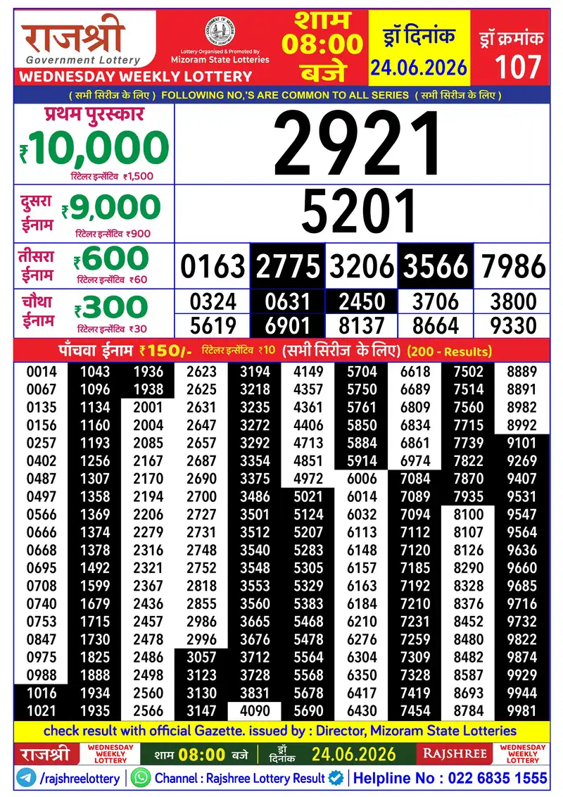 RAJSHREE WEDNESDAY WEEKLY LOTTERY Result 24 June 2026