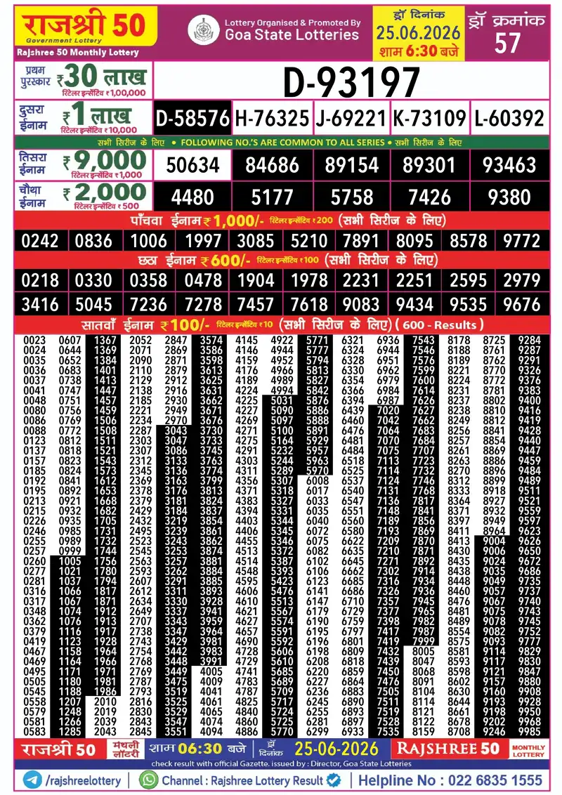 RAJSHREE 50 MONTHLY LOTTERY Result 25 June 2026