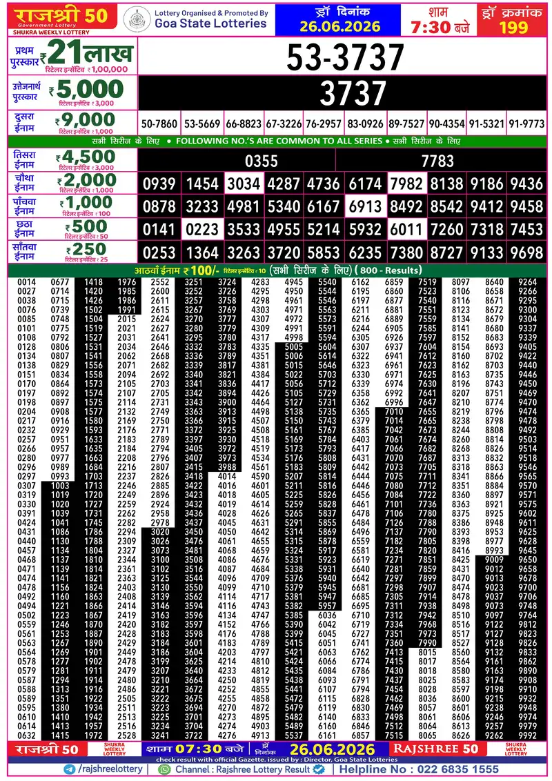 RAJSHREE 50 SHUKRA WEEKLY LOTTERY Result 26 June 2026