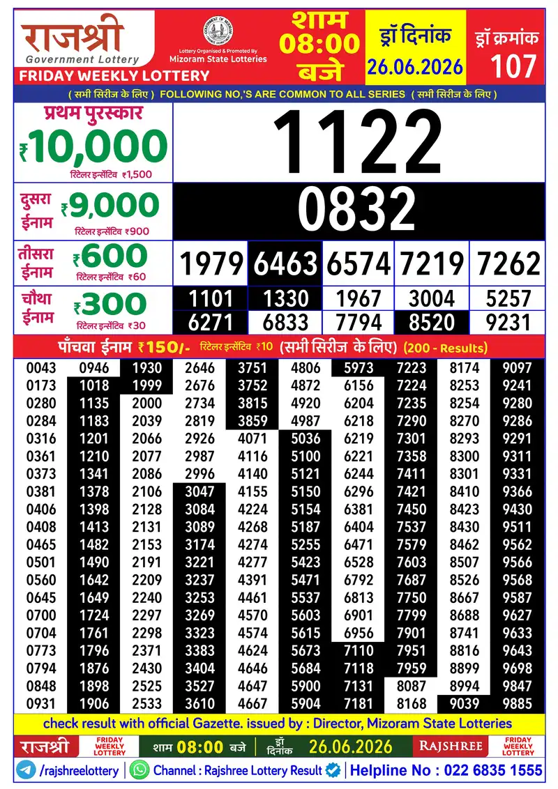 RAJSHREE FRIDAY WEEKLY LOTTERY Result 26 June 2026