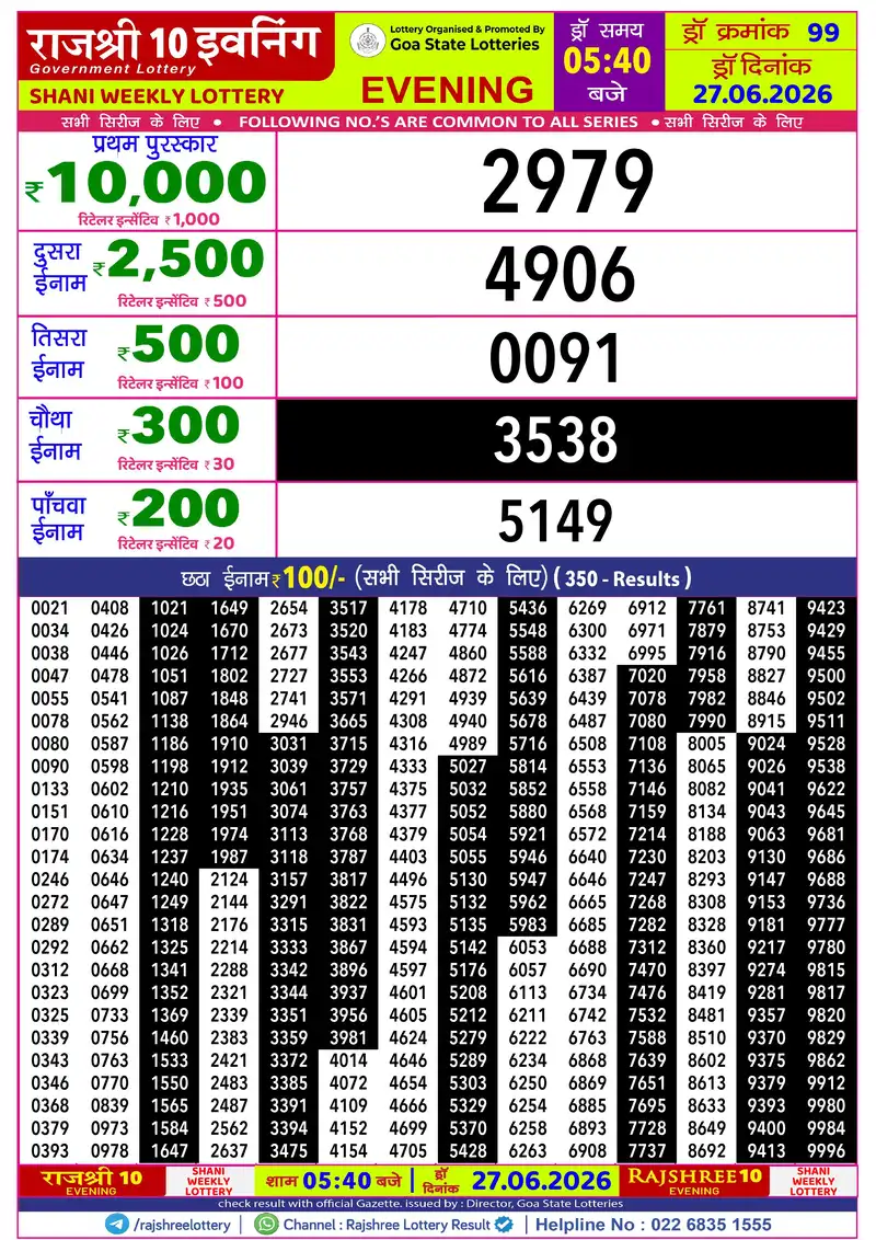 RAJSHREE 10 EVENING SHANI WEEKLY LOTTERY Result 27 June 2026
