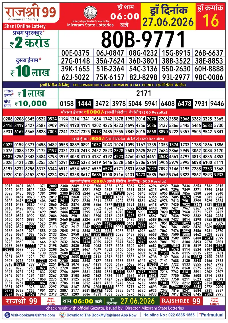 Rajshree 99 Result 27 June 2026