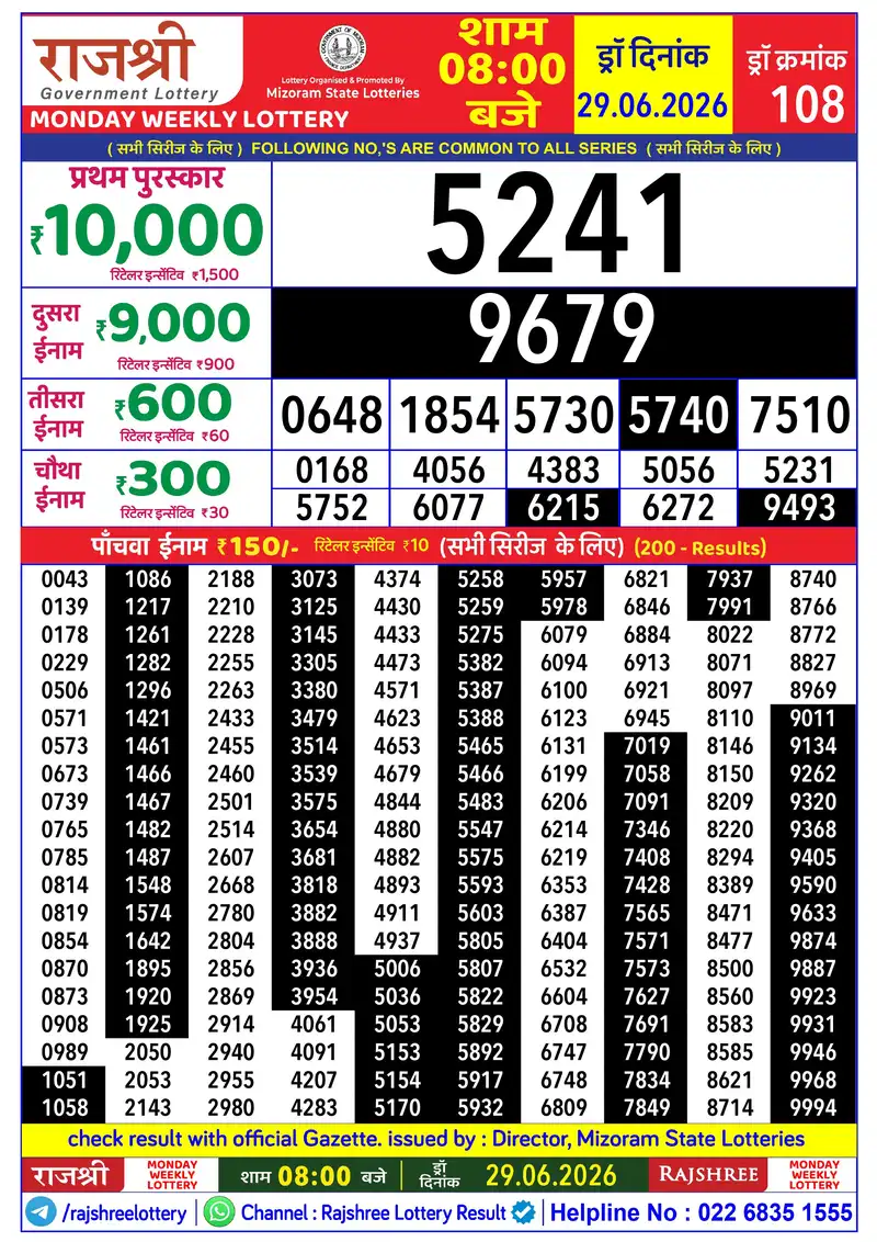 RAJSHREE MONDAY WEEKLY LOTTERY Result 29 June 2026