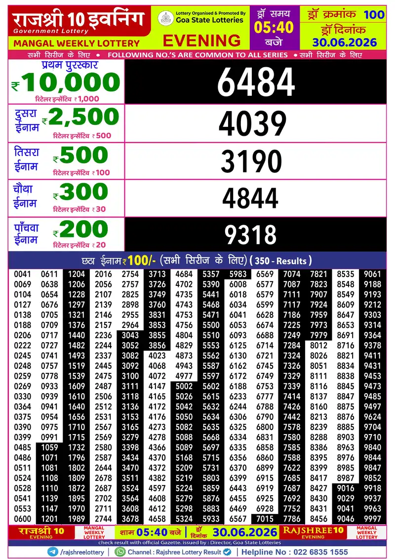 RAJSHREE 10 EVENING MANGAL WEEKLY LOTTERY Result 30 June 2026