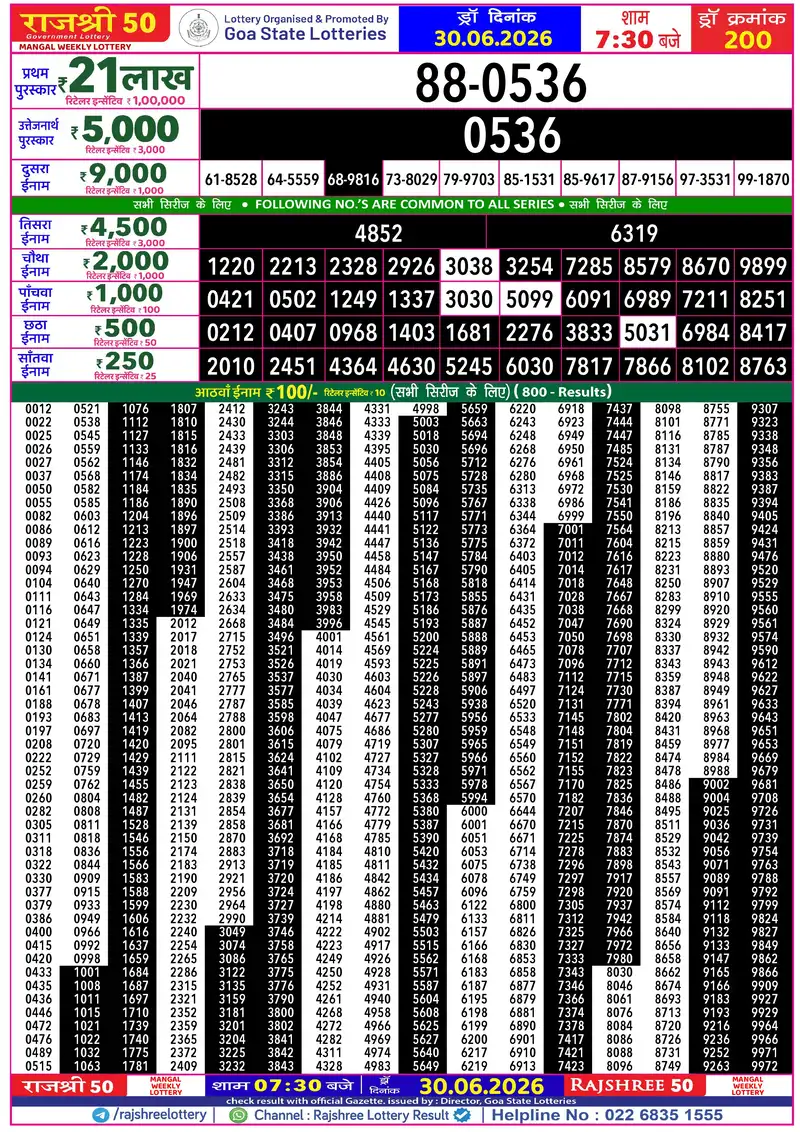 RAJSHREE 50 MANGAL WEEKLY LOTTERY Result 30 June 2026