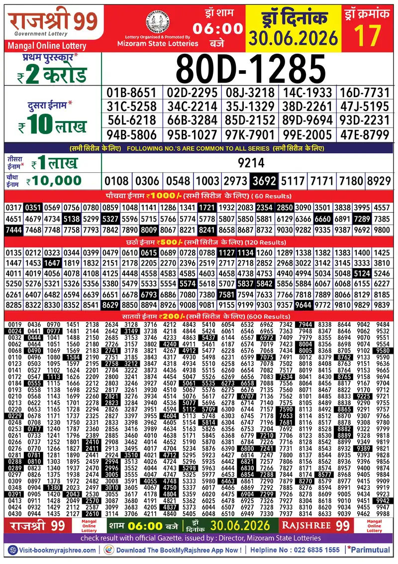 Rajshree 99 Result 30 June 2026