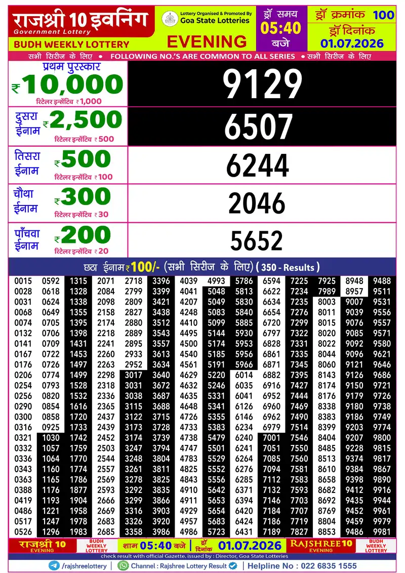 RAJSHREE 10 EVENING BUDH WEEKLY LOTTERY Result 01 July 2026