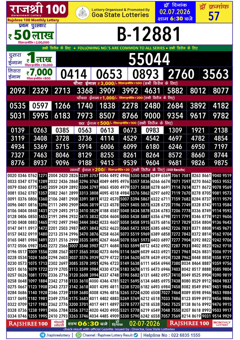 RAJSHREE 100 MONTHLY LOTTERY Result 02 July 2026