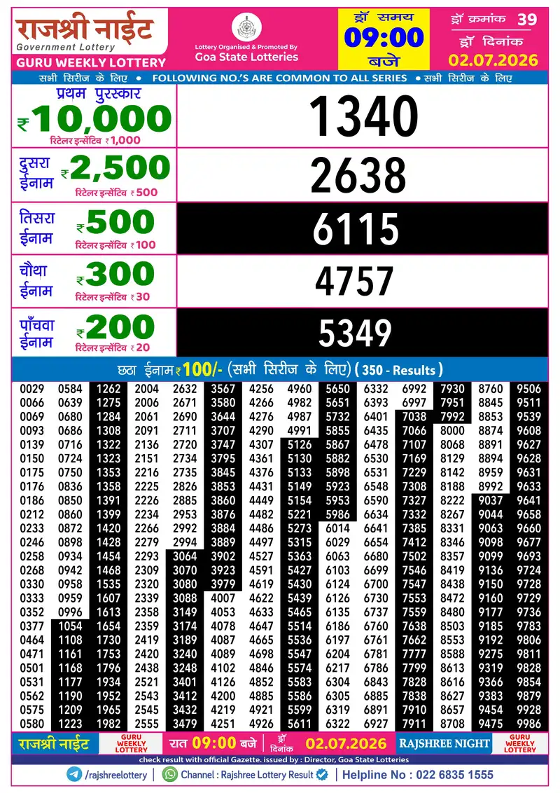 RAJSHREE NIGHT GURU WEEKLY LOTTERY Result 02 July 2026
