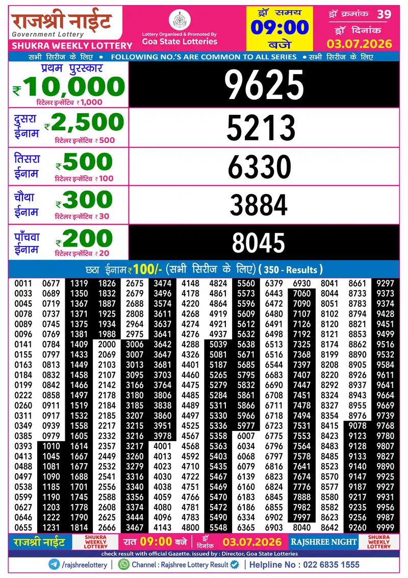 RAJSHREE NIGHT SHUKRA WEEKLY LOTTERY Result 03 July 2026