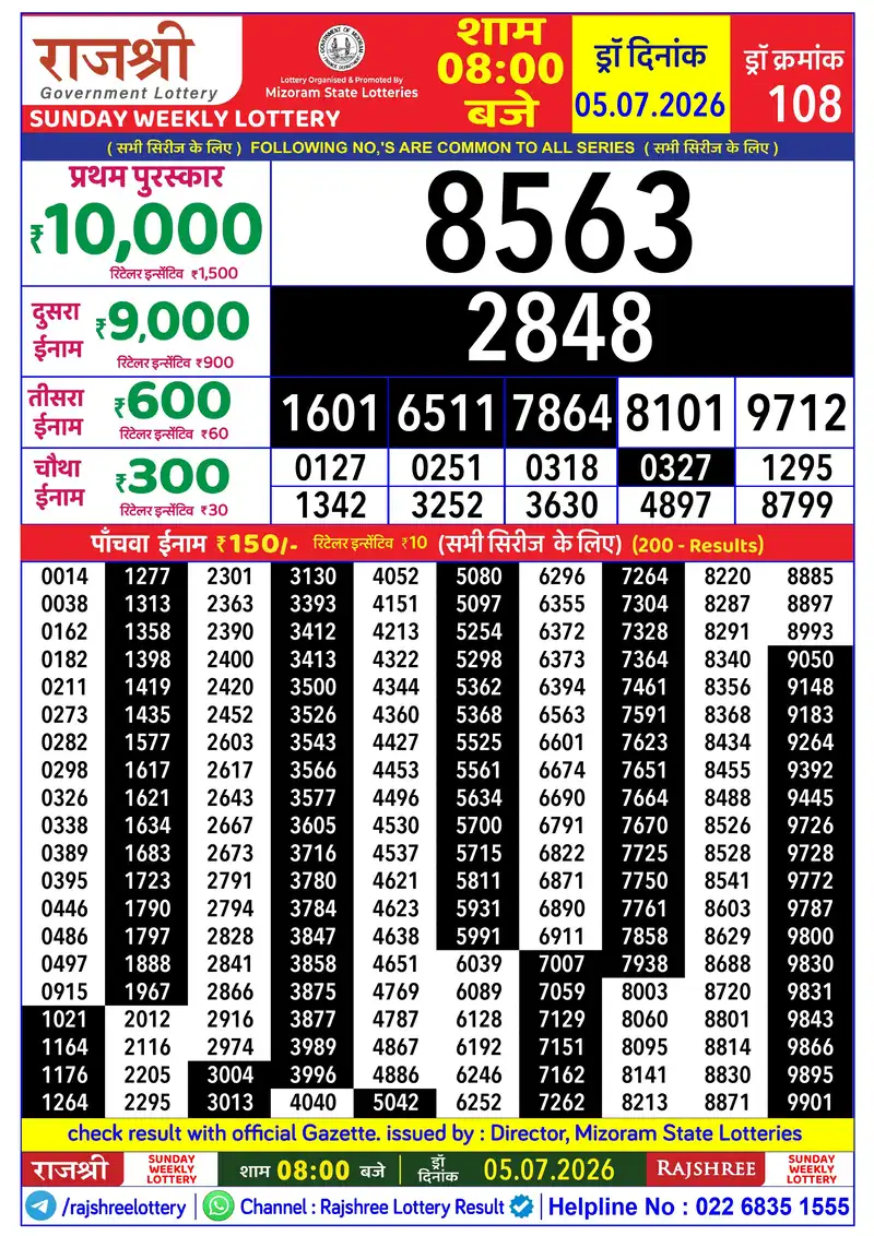 RAJSHREE SUNDAY WEEKLY LOTTERY Result 05 July 2026