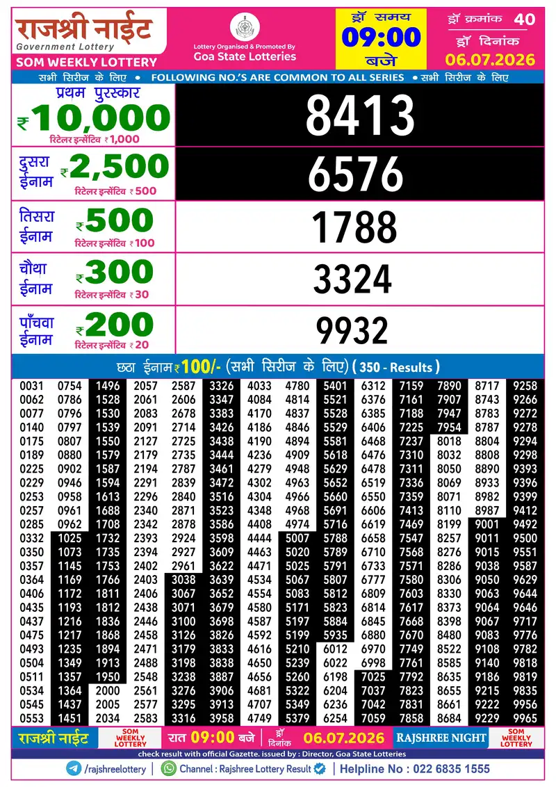RAJSHREE NIGHT SOM WEEKLY LOTTERY Result 06 July 2026