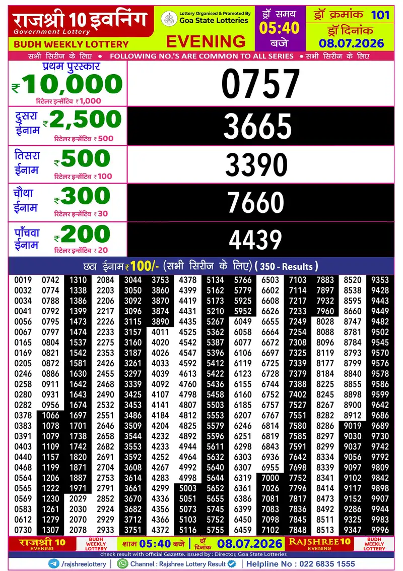 RAJSHREE 10 EVENING BUDH WEEKLY LOTTERY Result 08 July 2026