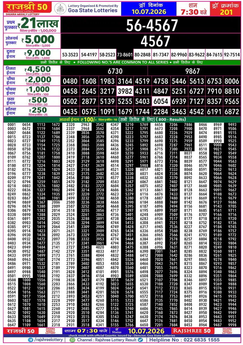 RAJSHREE 50 SHUKRA WEEKLY LOTTERY Result 10 July 2026