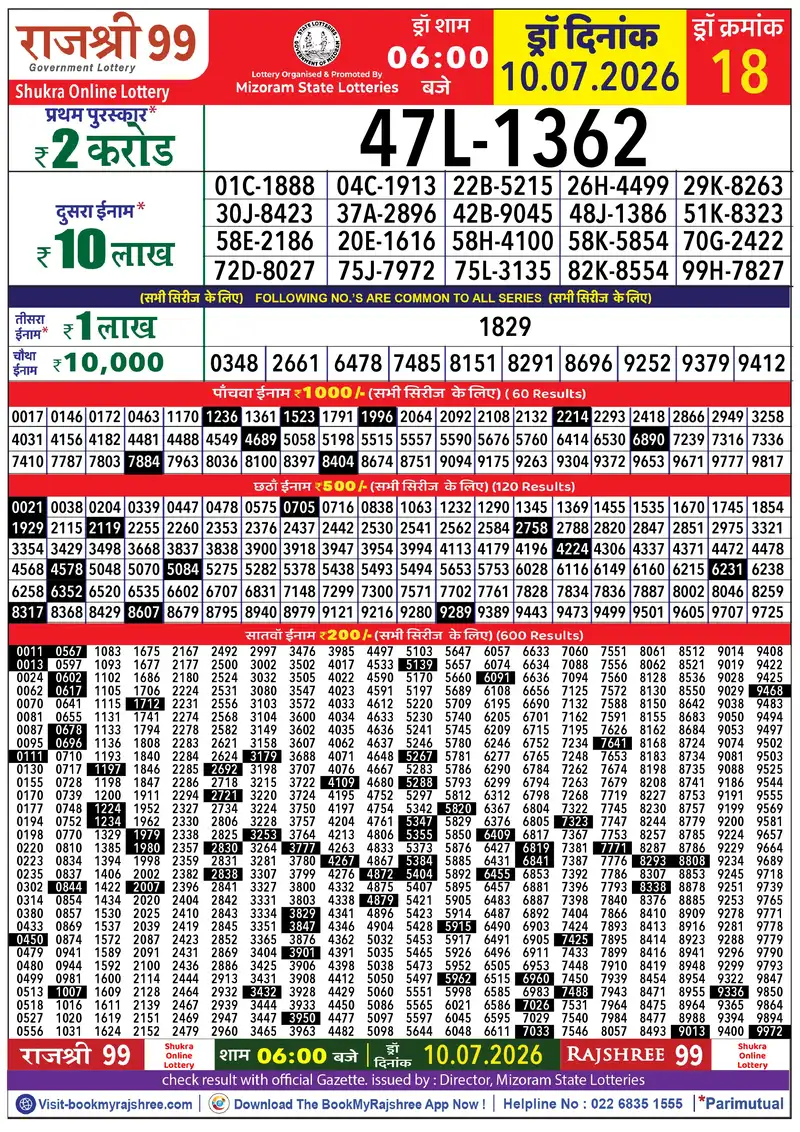 Rajshree 99 Result 10 July 2026
