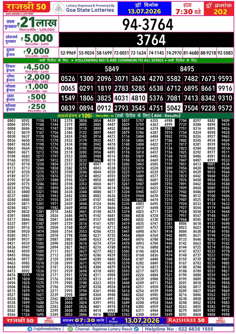 RAJSHREE 50 SOM WEEKLY LOTTERY Result 13 July 2026