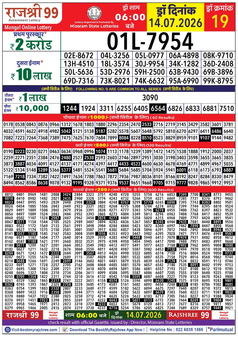 Rajshree 99 Result 14 July 2026