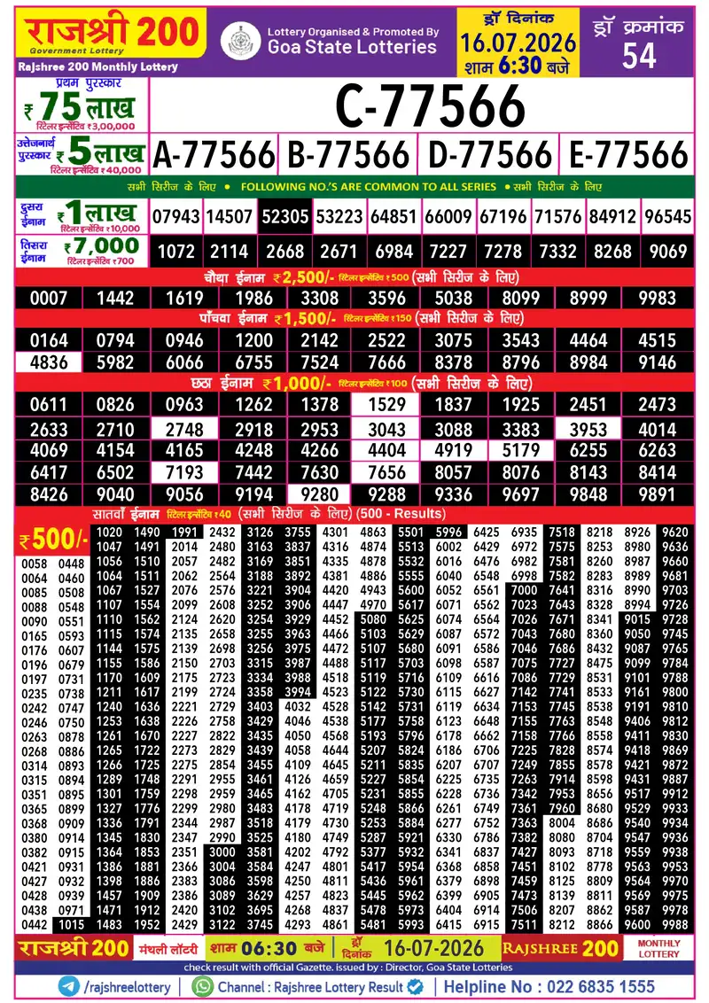 RAJSHREE 200 MONTHLY LOTTERY Result 16 July 2026