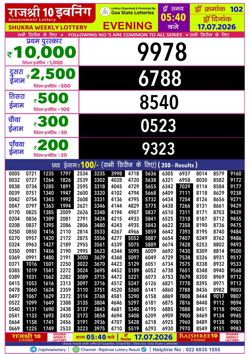 RAJSHREE 10 EVENING SHUKRA WEEKLY LOTTERY Result 17 July 2026