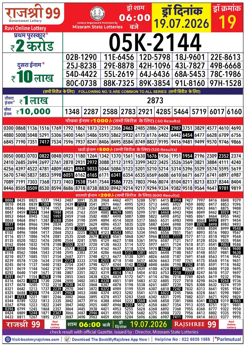 Rajshree 99 Result 19 July 2026