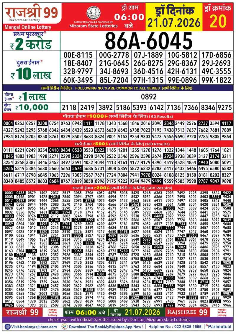 Rajshree 99 Result 21 July 2026