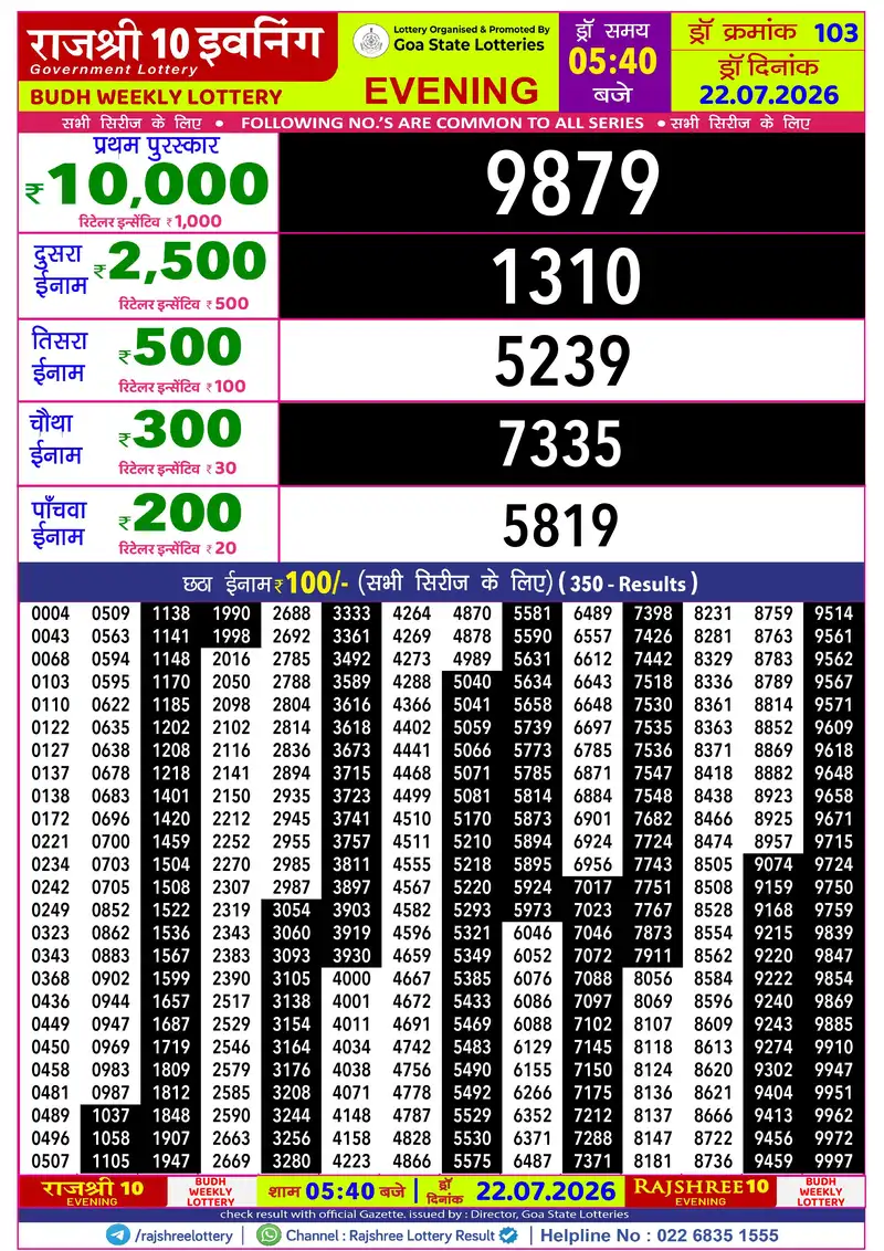 RAJSHREE 10 EVENING BUDH WEEKLY LOTTERY Result 22 July 2026