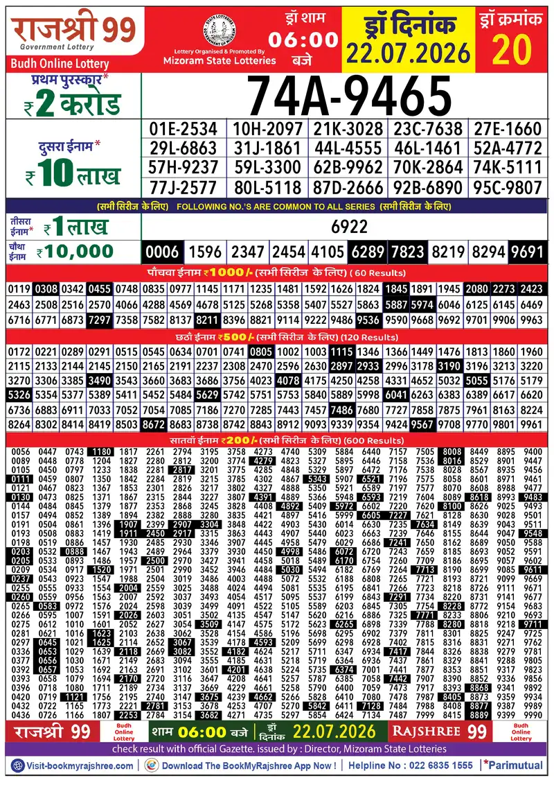 Rajshree 99 Result 22 July 2026