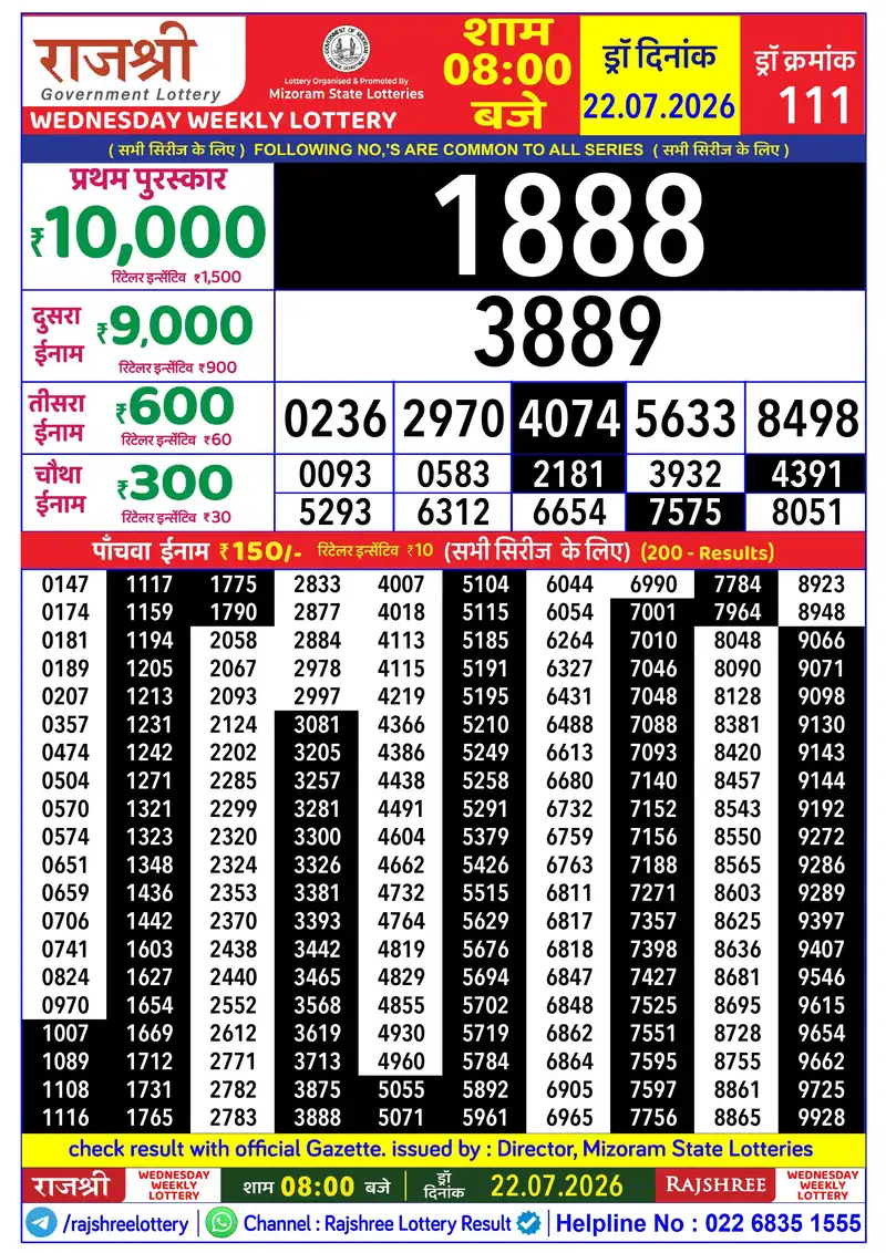 RAJSHREE WEDNESDAY WEEKLY LOTTERY Result 22 July 2026