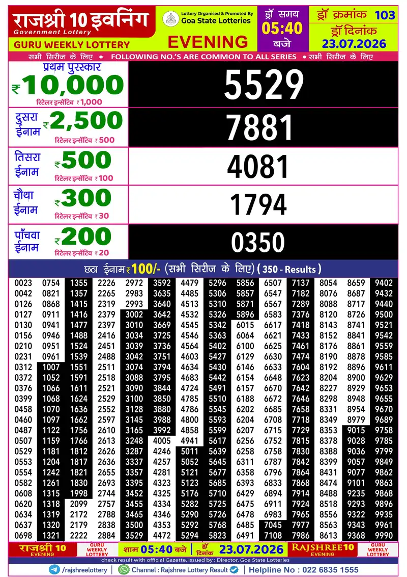 RAJSHREE 10 EVENING GURU WEEKLY LOTTERY Result 23 July 2026
