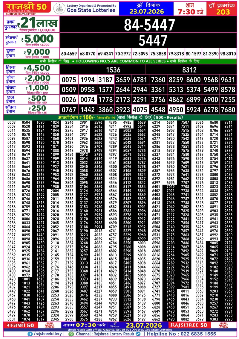 RAJSHREE 50 GURU WEEKLY LOTTERY Result 23 July 2026