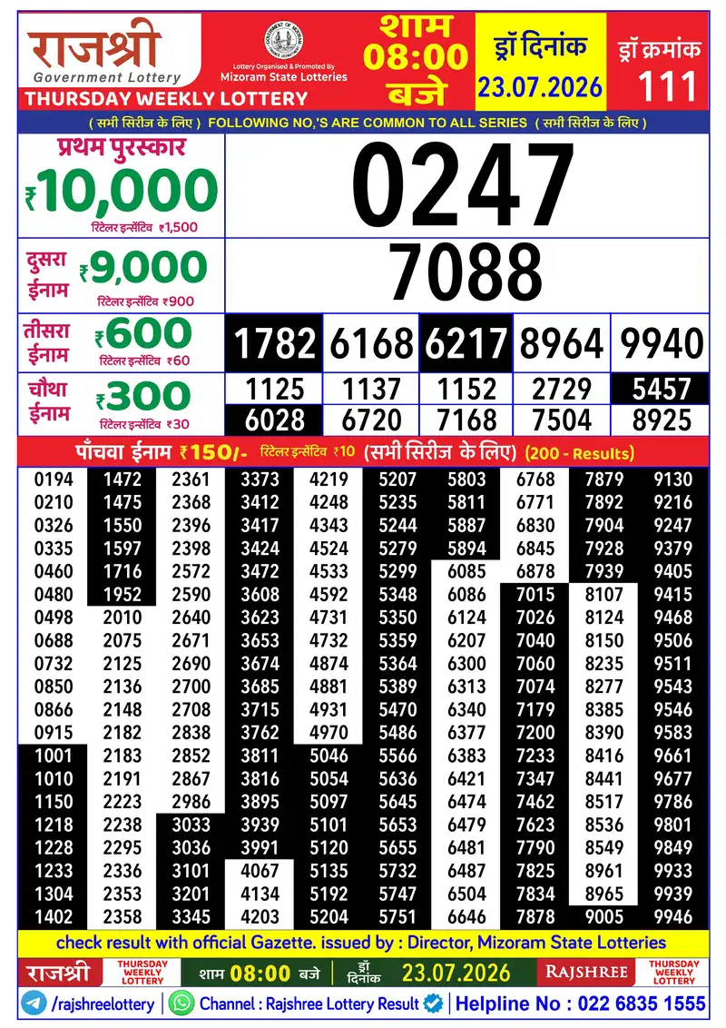 RAJSHREE THURSDAY WEEKLY LOTTERY Result 23 July 2026