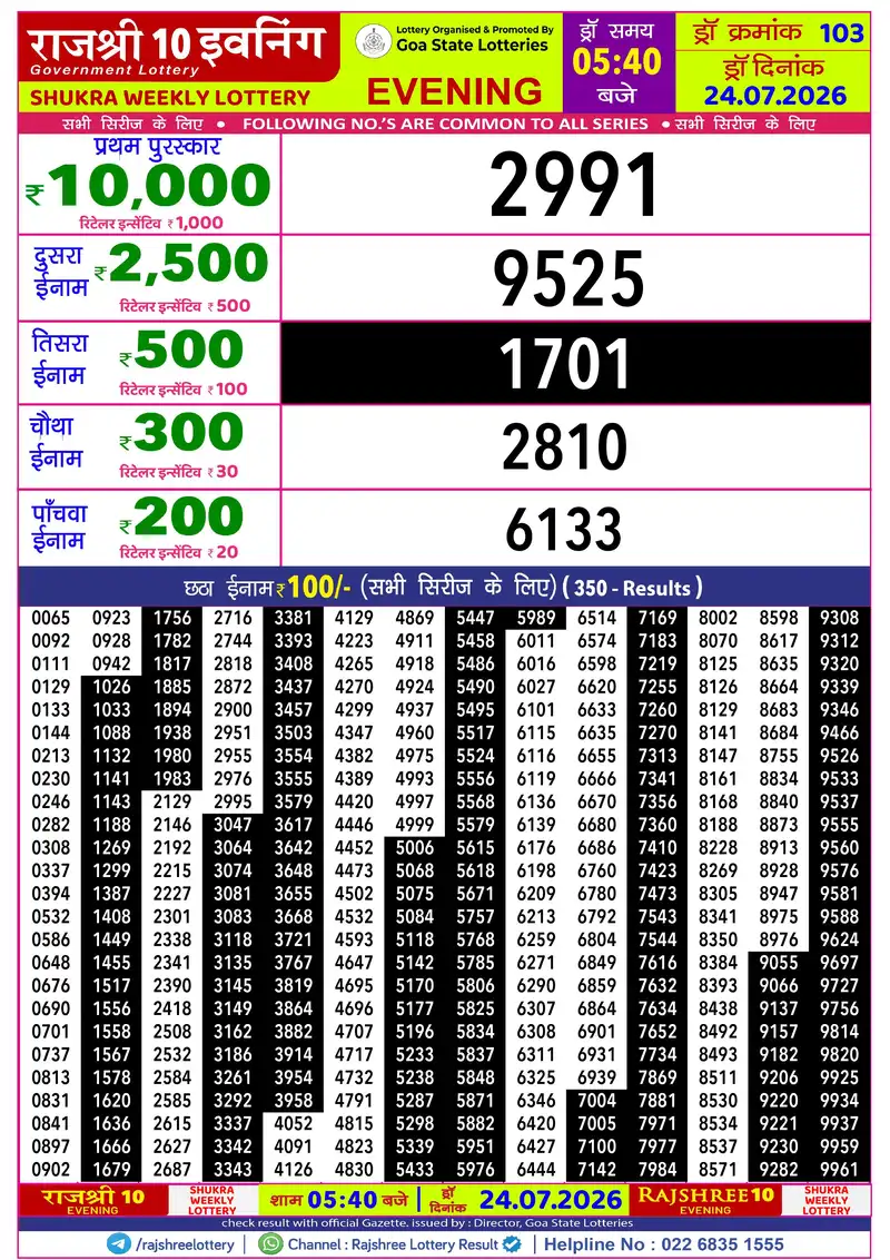 RAJSHREE 10 EVENING SHUKRA WEEKLY LOTTERY Result 24 July 2026