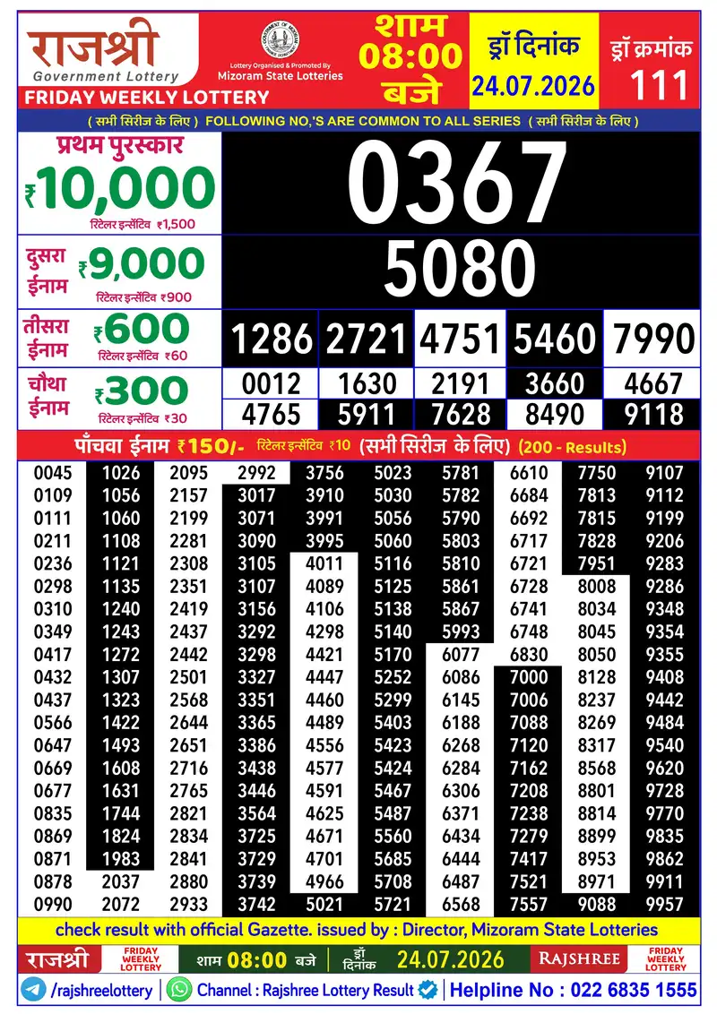 RAJSHREE FRIDAY WEEKLY LOTTERY Result 24 July 2026