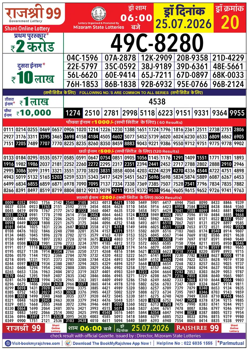 Rajshree 99 Result 25 July 2026