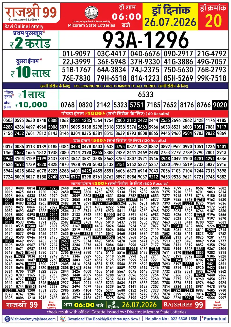 Rajshree 99 Result 26 July 2026