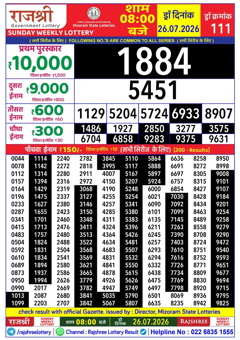 RAJSHREE SUNDAY WEEKLY LOTTERY Result 26 July 2026