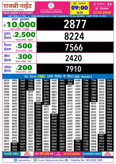 RAJSHREE NIGHT SOM WEEKLY LOTTERY