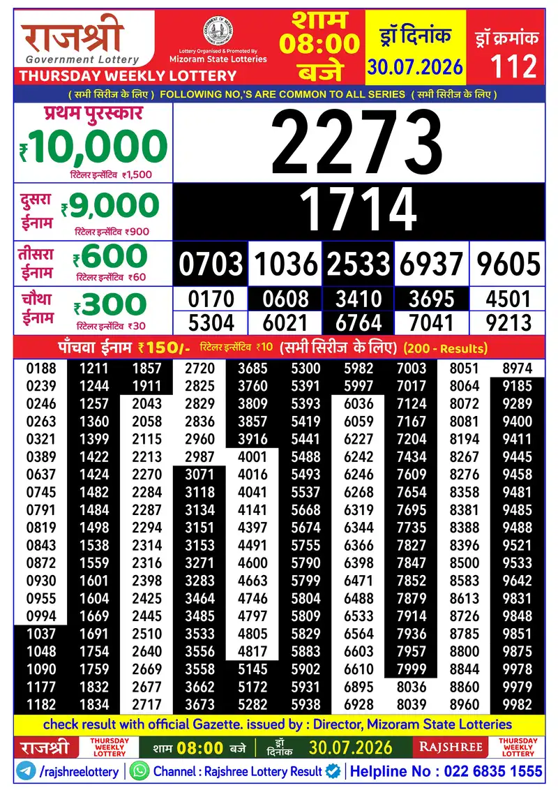 RAJSHREE THURSDAY WEEKLY LOTTERY Result 30 July 2026