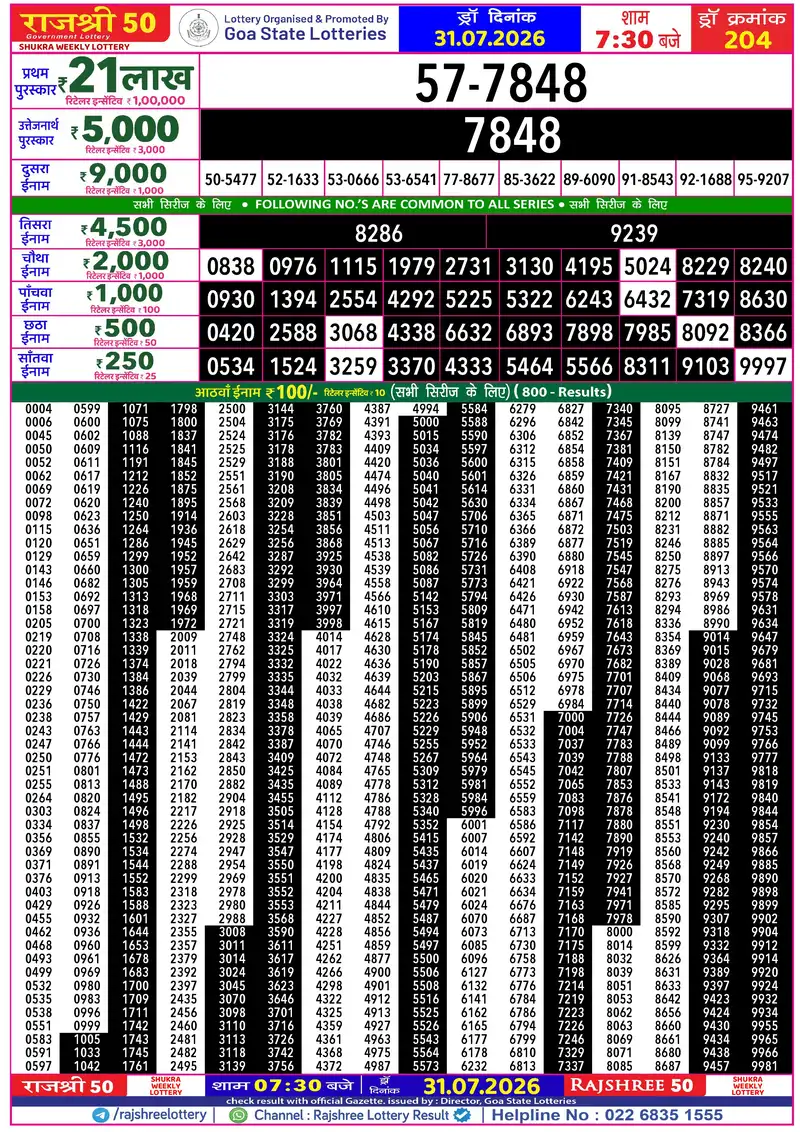 RAJSHREE 50 SHUKRA WEEKLY LOTTERY Result 31 July 2026