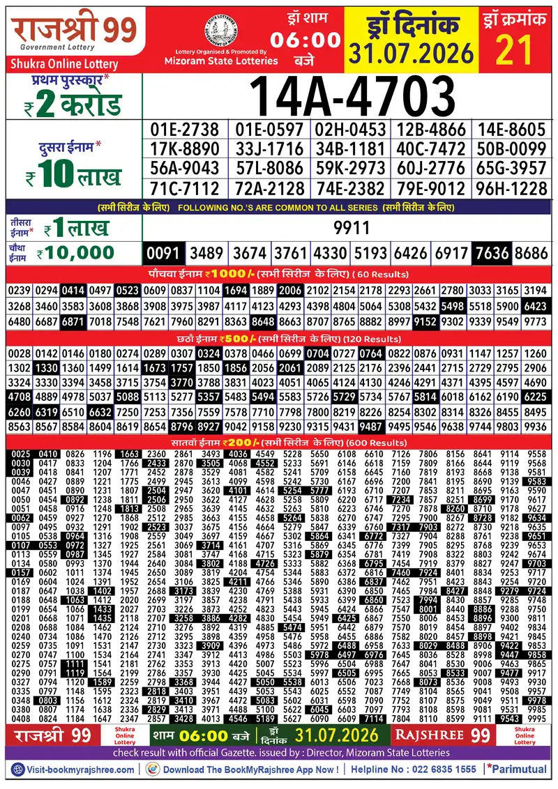 Rajshree 99 Result 31 July 2026