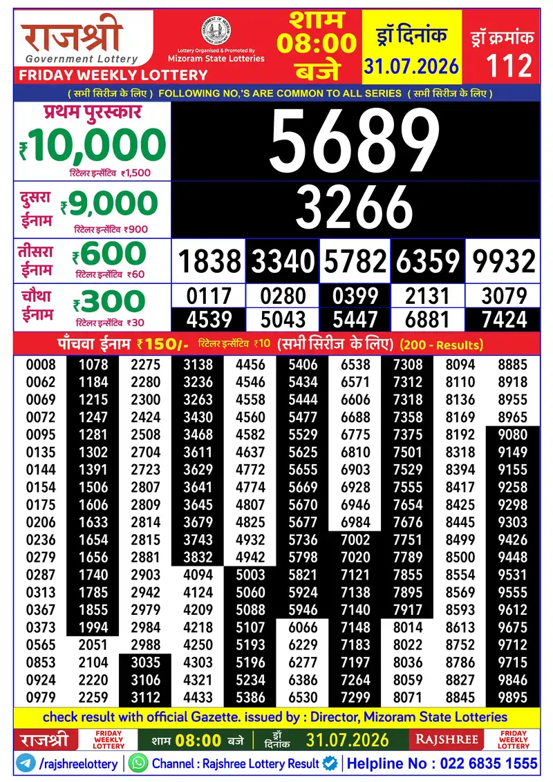 RAJSHREE FRIDAY WEEKLY LOTTERY Result 31 July 2026