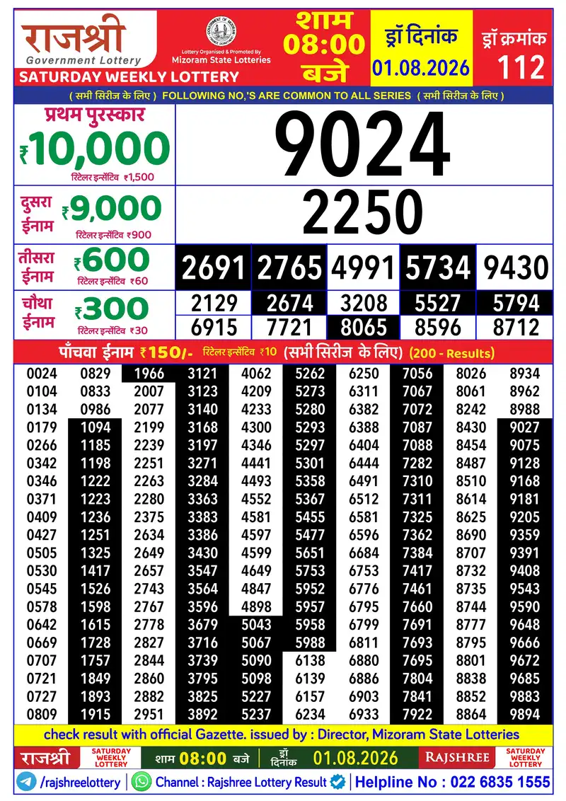 RAJSHREE SATURDAY WEEKLY LOTTERY Result 01 August 2026