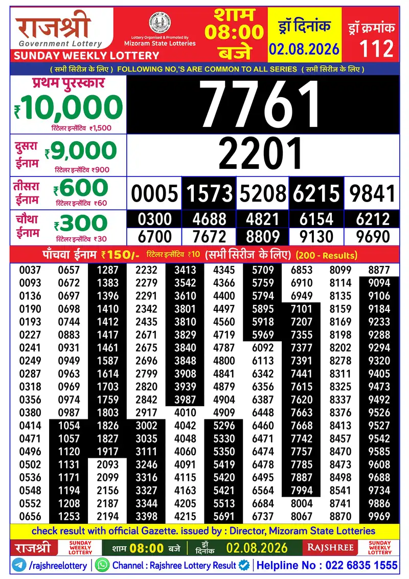 RAJSHREE SUNDAY WEEKLY LOTTERY Result 02 August 2026