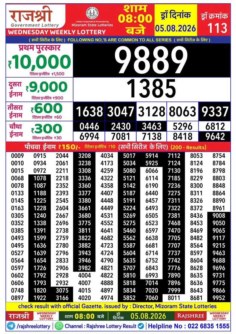 RAJSHREE WEDNESDAY WEEKLY LOTTERY Result 05 August 2026